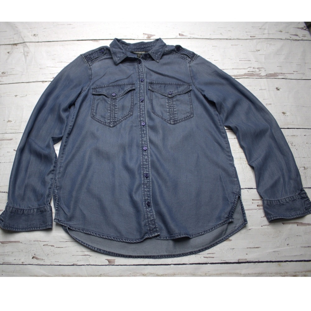 Express Womens Blue Lyocell Button Down Utility Shirt XS‎ Epaulettes Long Sleeve